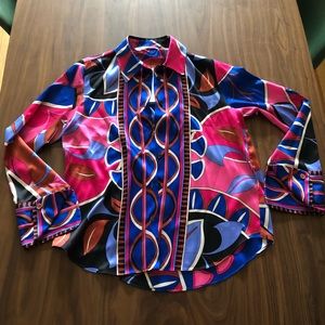 Zara funky 70s style printed shiny button up blouse NWT
